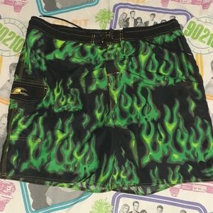 90s Wave Zone Green Flame Board Shorts Swim Trunks Vintage Flames